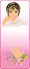 Manicure. Flowers and portrait of beautiful woman. Vector