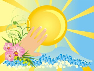 Womanish hand and flowers. Summer composition. Vector