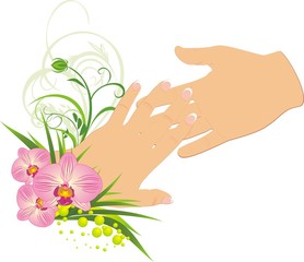Womanish and masculine hands. Romantic composition. Vector