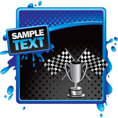 Checkered flag in trophy on blue and black halftone banner