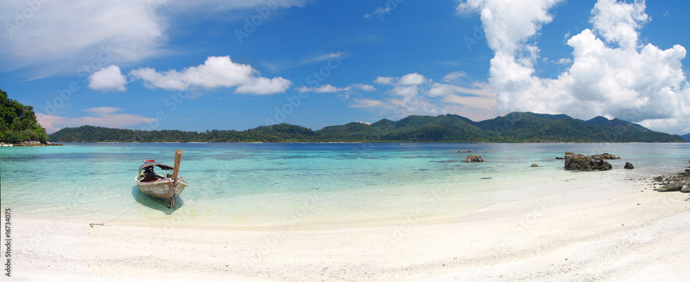 Wall mural beach and sea with longtail boat, thailand