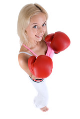 Beautiful slavonic woman in red box gloves on white background