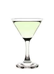 A cocktail glass with green liquid in it.