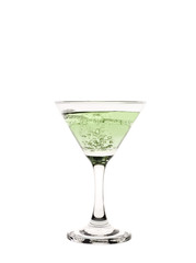 A cocktail glass with green liquid in it.