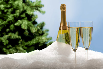 Champagne flutes in snow