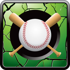 Baseball and crossed bats on green cracked web button
