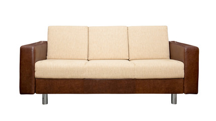 Leather sofa with fabric upholstery