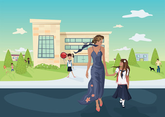 mother and the daughter in front of a school