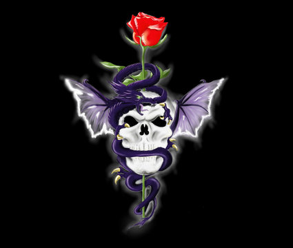 Violet Dragon turn around skull with rose
