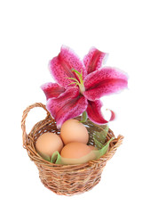 Fototapeta na wymiar Traditional easter basket with purple lily flower