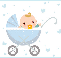 Baby boy sitting in carriage and waiving hello