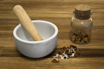Mortar with salt, chili, pepper spices
