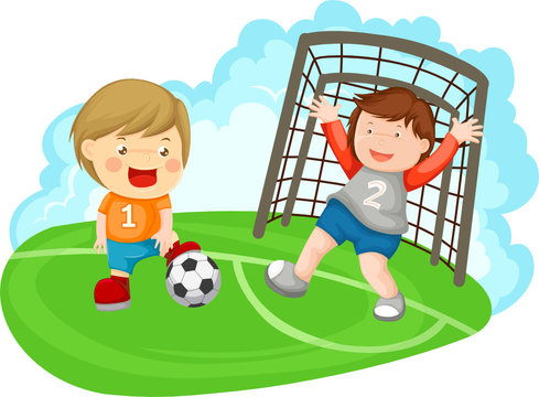 two boys playing soccer