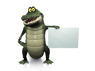 Cartoon crocodile holding blank sign.