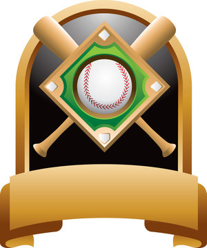 Baseball diamond and bats on gold display