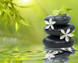  Spa still life, with white flowers on the black stones and bambo © Misha
