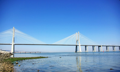 Modern bridge in river Tejo, Portugal.