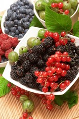 Berries in plates, on a table, among green leaves