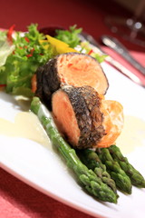Rosemary roasted salmon served with asparagus