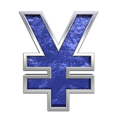 Fototapeta premium Yen sign from blue glass cast with chrome frame alphabet set.