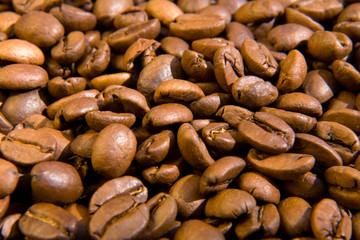 fried brown coffee beans close up
