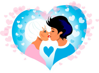 Vector Couple kiss in heart frame