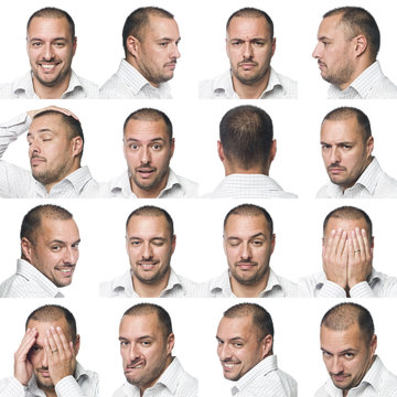 Sixteen facial expressions of a man