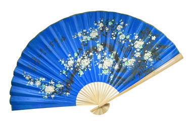blue Chinese fan on the white background