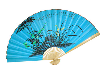 blue Chinese fan on the white background