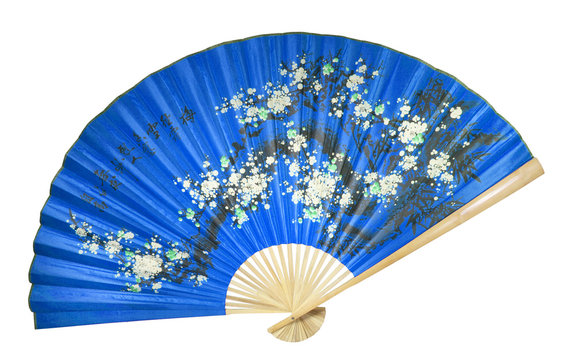 Blue Chinese Fan On The White Background