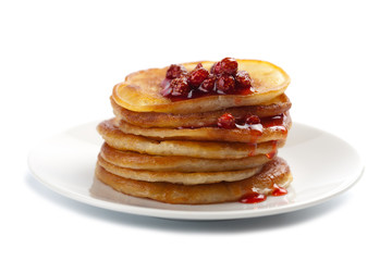 sweet pancakes with strawberry jam isolated