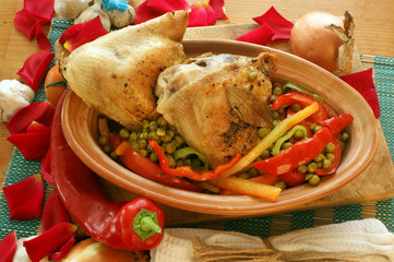 grilled chicken with organic vegetables in a brown bowl