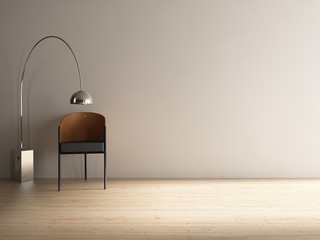Modern Chair with floor lamp to face a blank white wall - obrazy, fototapety, plakaty