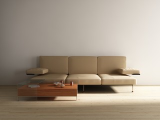 Leather Couch with table to face a blank white wall