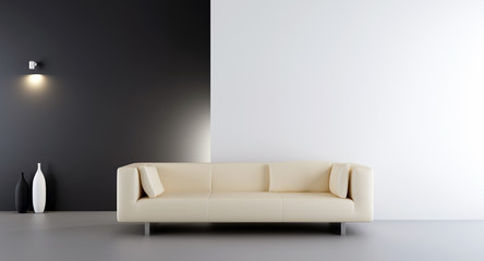 White leather couch to face a blank white and black wall