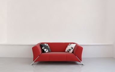 Red leather couch to face a blank white wall - front view