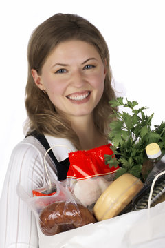 Healthy Looking Young Woman with Holding Groceries Bag