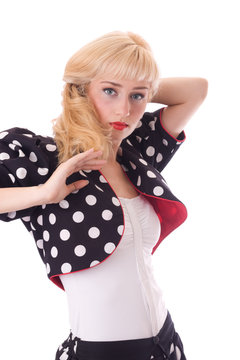 Young woman in Polka dot coat