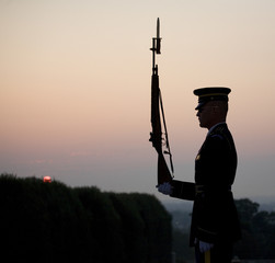 sunrise ceremony at the tomb of the unknown in washington DC with the sun coming up behind the soldier and gun's silhouette © Guy Sagi