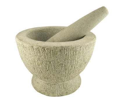 stone motar and pestle isolated on white background