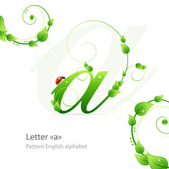 Eco green pattern alphabet with leafs and ladybird. Letter a
