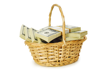 Obraz premium Basket full of dollars isolated on white