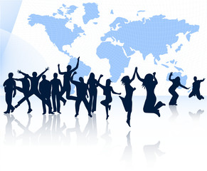 Illustration of people jumping and map