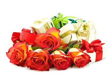 roses and gift boxes on white background