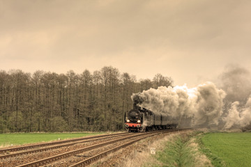 Obraz premium Old retro steam train passing through countryside