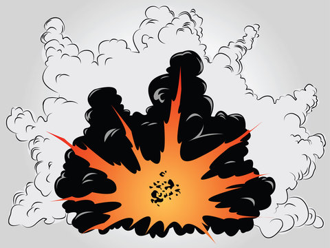 The vector image of the big explosion in ashes and smoke clouds