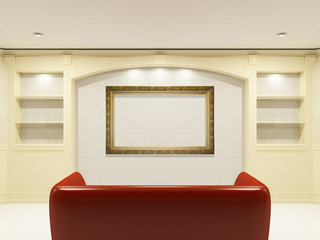 Red sofa with place on the wall for yours information