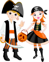 Two kids dressed as pirates for Halloween
