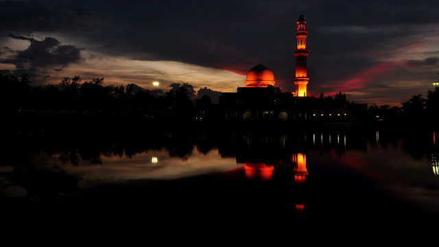 The Sun sets over The Floating Mosque, Malaysia.