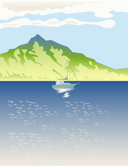 Sailboat on lake with mountain